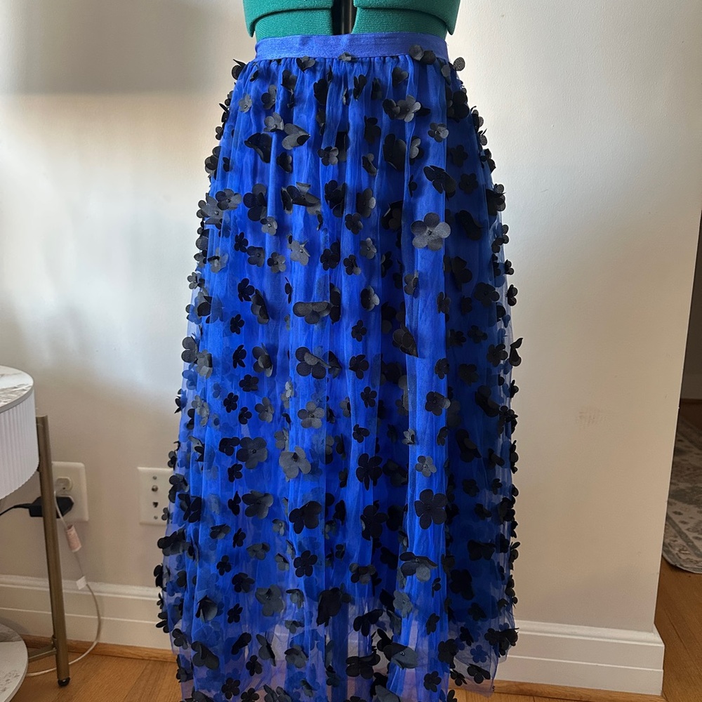 Anthropologie Blue Asymmetrical Skirt with Black Floral Accents